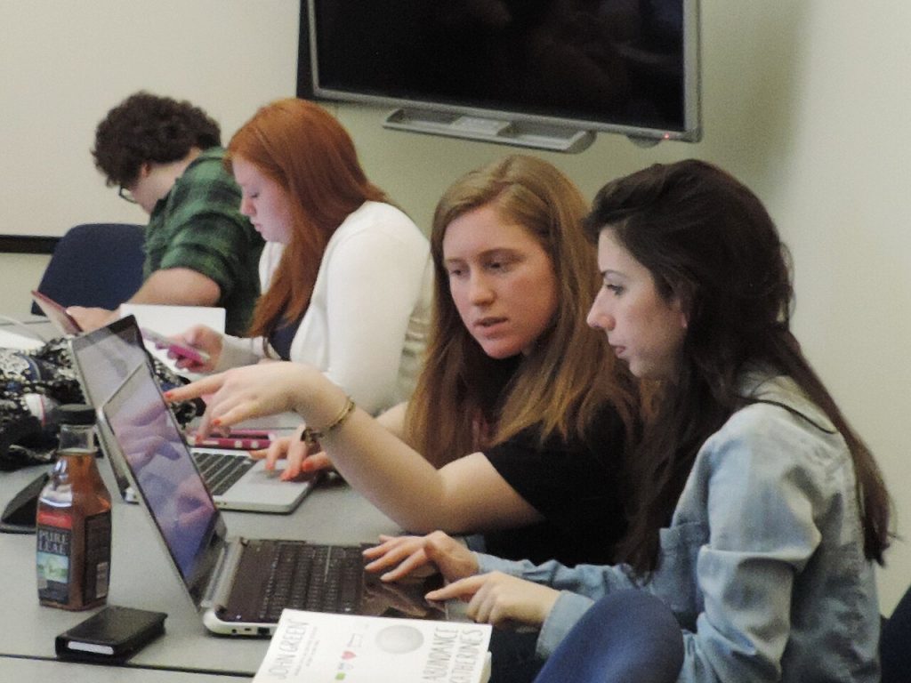 Young professionals collaborating on laptops